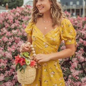 Mustard floral spring tie cuff romper jumpsuit